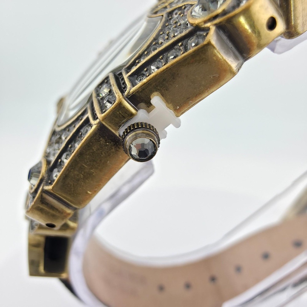 Vtg HEIDI DAUS Ladies Watch SWAROVSKI Crystals Black Leather Band Gold Finish 7" - Picture 4 of 14
